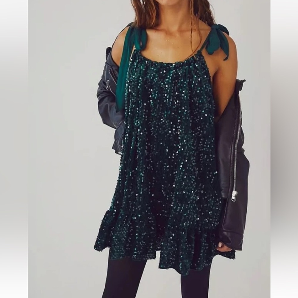 Free People Medium Nova Emerald Green Sequin Mini Cocktail Dress Xs Festive